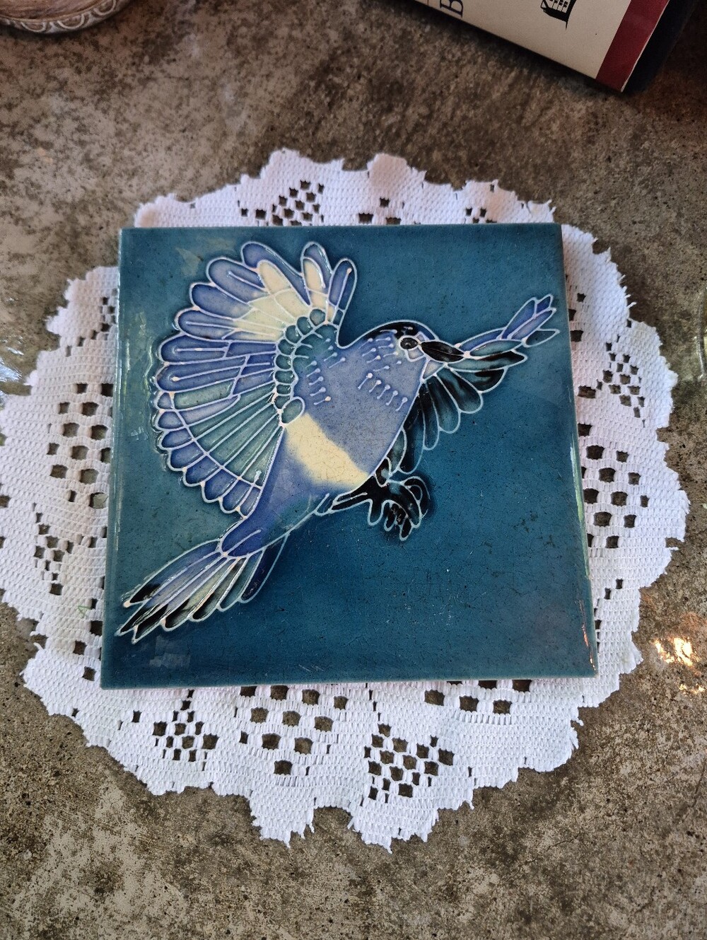 ❤️🔥Vintage Cottage Core Blue Jay Raised Line Ceramic Blue Bird Art Tile Square